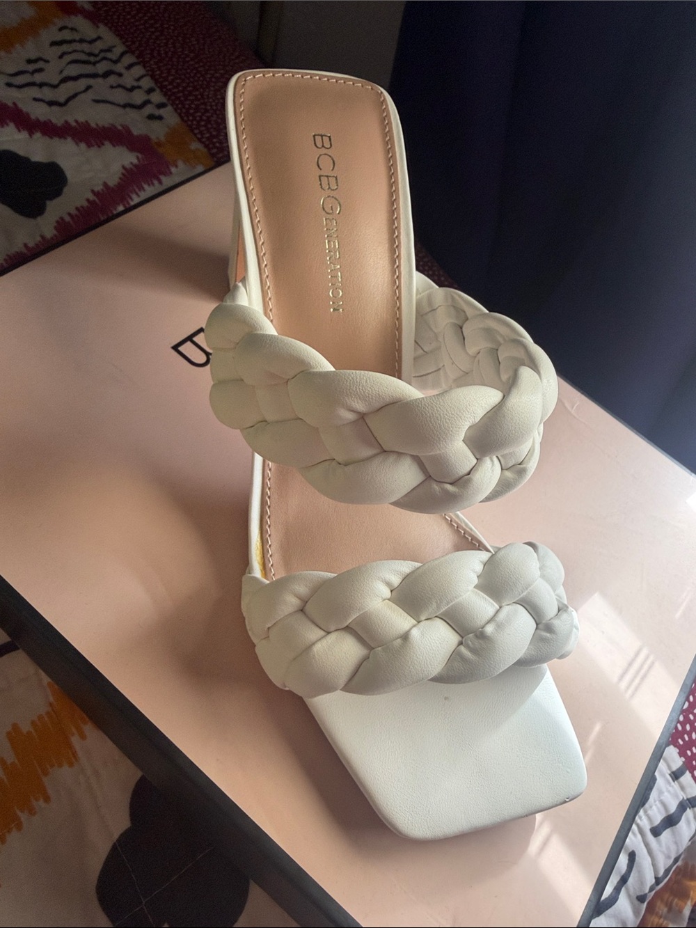 BCBGeneration White Braided Double-Strap Slide Heels